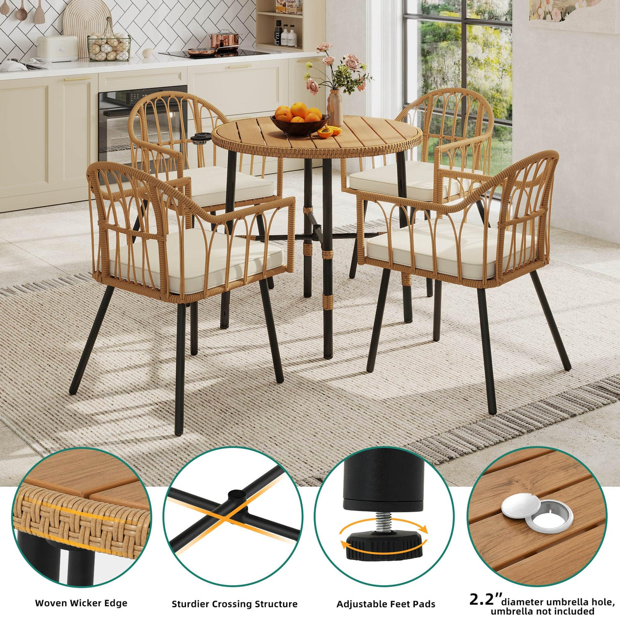 YITAHOME 5-Piece Dining Table Set with 4 Chairs, Kitchen Table & Chairs Set for 4, Boho Dining Room Table Set with Soft Cushion Chairs and 4 Holders, Ideal for Kitchen and Dining YITAHOME