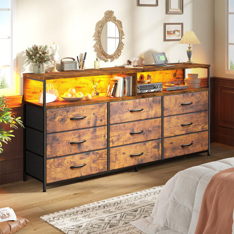 Romorgniz 55" W Dresser for Bedroom with 9 Drawers, LED TV Stand with Power Outlets for 45, 55, 65 Inch TV, Sturdy Long Chest of Drawers with Extra 2 Wooden Shelves, Rustic Brown Romorgniz