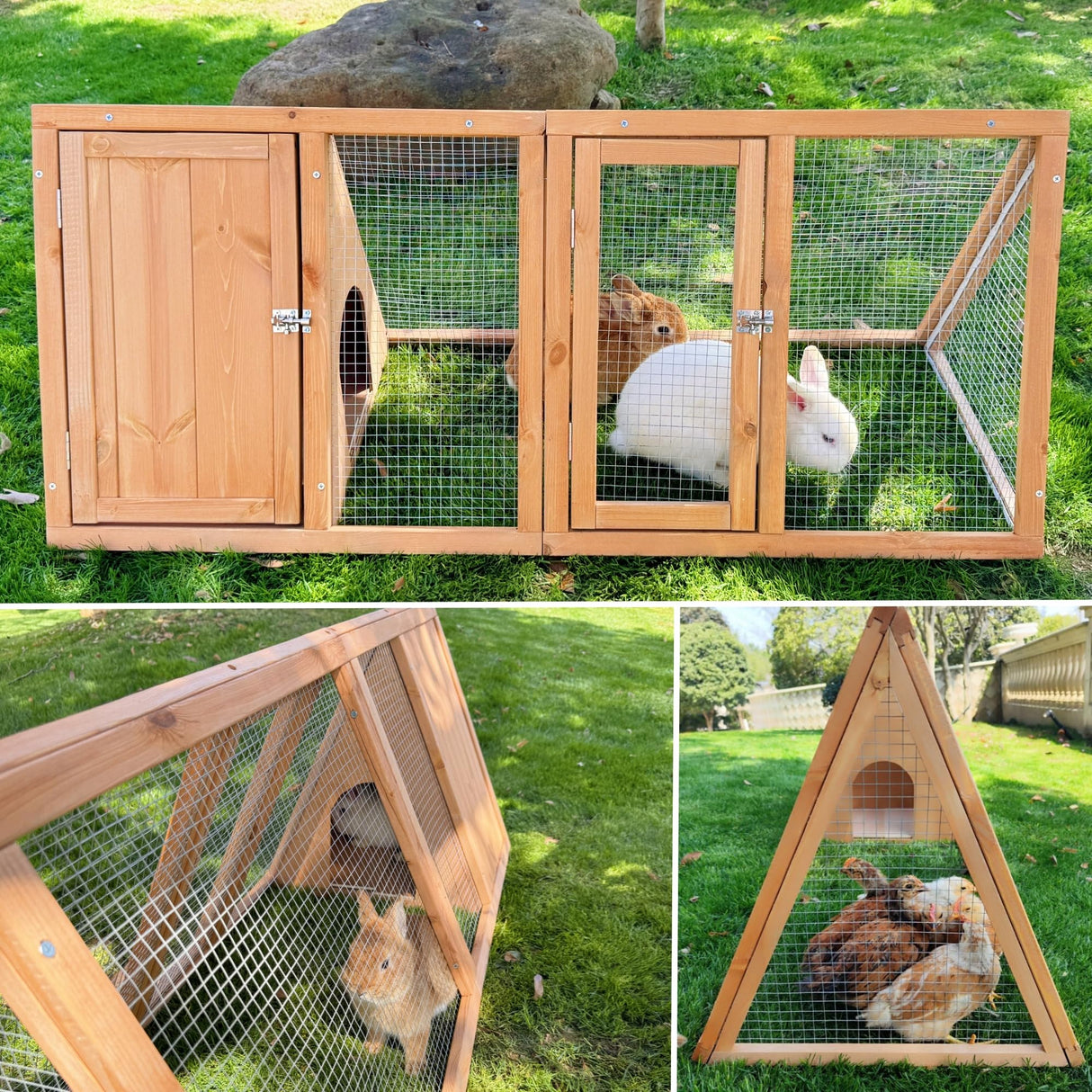 Kecreque Outdoor Chicken Coop Wooden A-Frame Small Animal Cage Rabbit House Quail Cages with Outdoor Runs & Ventilated Wire Fence Suitable for Garden Backyard Farms 47 x 18 x 19.5 in Kecreque