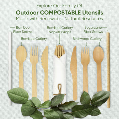 EcoPreps 100% Compostable Wooden Cutlery Set (360 PCS - 150 Forks, 125 Spoons, 85 Knives) Eco-Friendly, Natural, Biodegradable Disposable Utensils Set | Birch Wood Disposable Forks, Knives, and Spoons