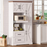 IRONCK Farmhouse Kitchen Pantry Cabinet, Kitchen Hutch Cabinet with Microwave Stand, Tall Food Pantry Cabinet with Storage Drawers and Adjustable Shelf for Kitchen, Dining Room, White IRONCK