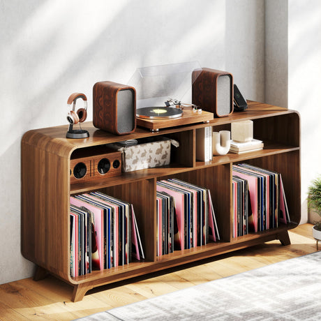 Boweniog Record Player Stand with Vinyl Storage Cabinet with Charging Station & USB Ports, Turntable Stand Table Holds Up to 350 Albums, Curved Vinyl Record Cabinet for Living Room (Walnut, 55-inch) Boweniog