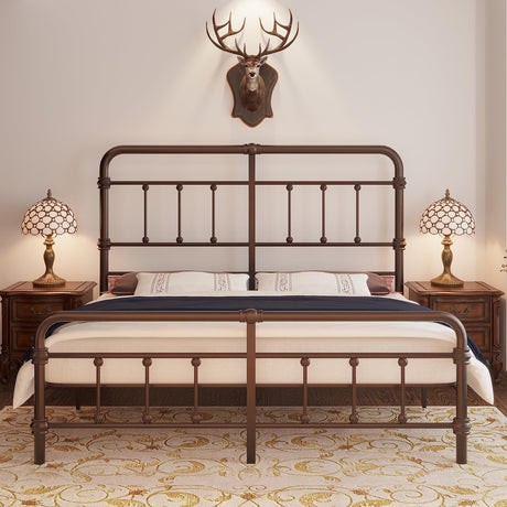 Macbimony Vintage Antique Metal King-Size Bed Frame with High Headboard - No Box Spring Needed (Brown) Macbimony