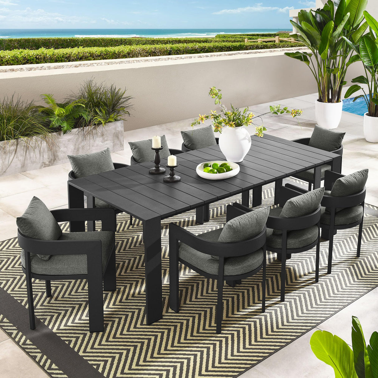 Modway Tahoe Outdoor Patio Powder-Coated Aluminum 9-Piece Dining Set in Gray Gray - Rectangular Patio Furniture Set for 8 - Outside Table with Umbrella Hole and Cushioned Chairs - Modern Patio Set Modway