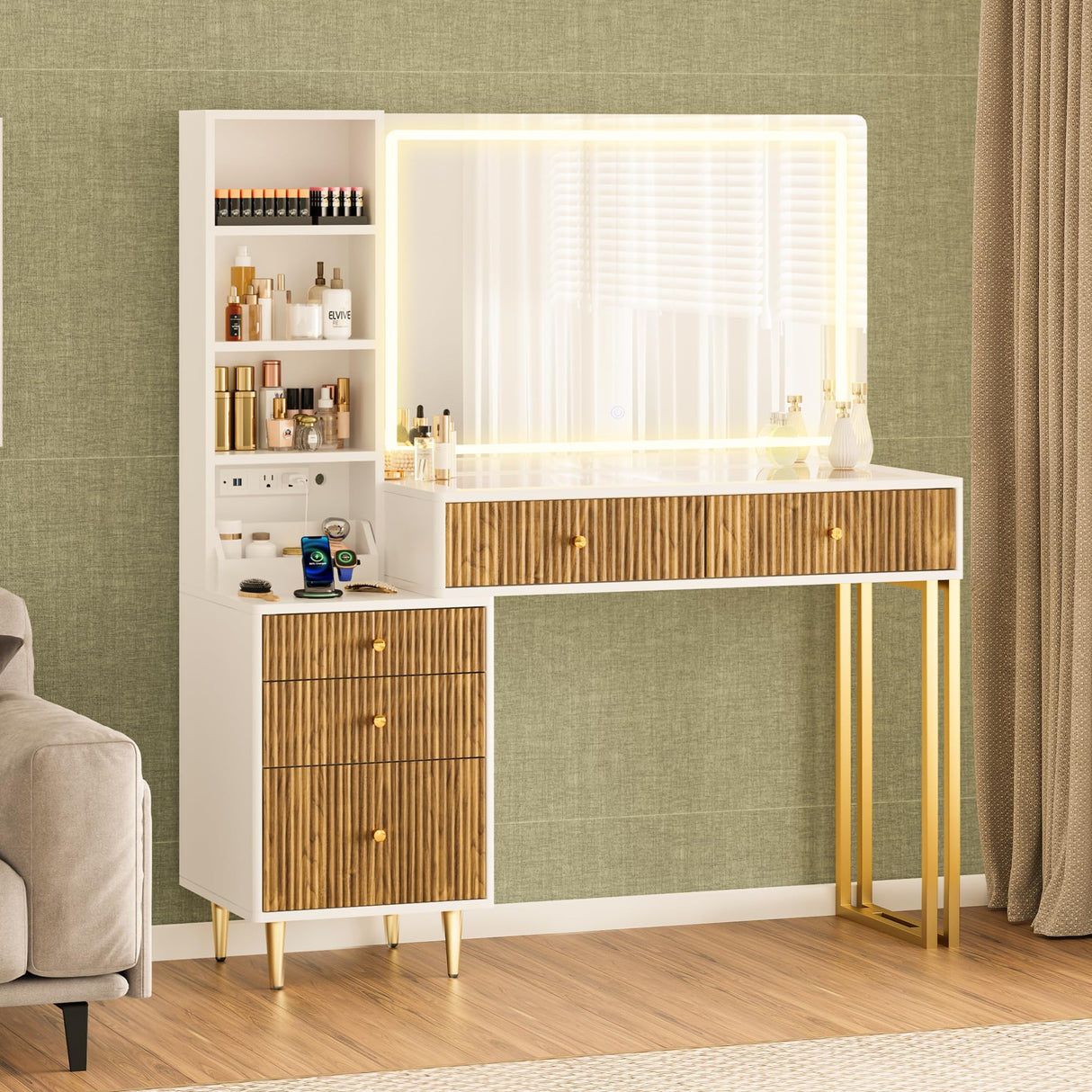 DAMCROP 44 Inch Vanity Desk with 32'' Lighted Mirror & Charging Station, Dressing Table with Modern Fluted Design Glass Top 5 Drawers, 3 Shelves Makeup Vanity Set for Bedroom Dressing Room(White) DAMCROP