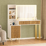 DAMCROP 44 Inch Vanity Desk with 32'' Lighted Mirror & Charging Station, Dressing Table with Modern Fluted Design Glass Top 5 Drawers, 3 Shelves Makeup Vanity Set for Bedroom Dressing Room(White) DAMCROP