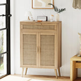 Rovaurx Accent Floor Storage Cabinet with Rattan Doors, Bathroom Cabinet with Large Drawer, Freestanding Storage Cabinet Organizer, Natural BMGZ107M Rovaurx