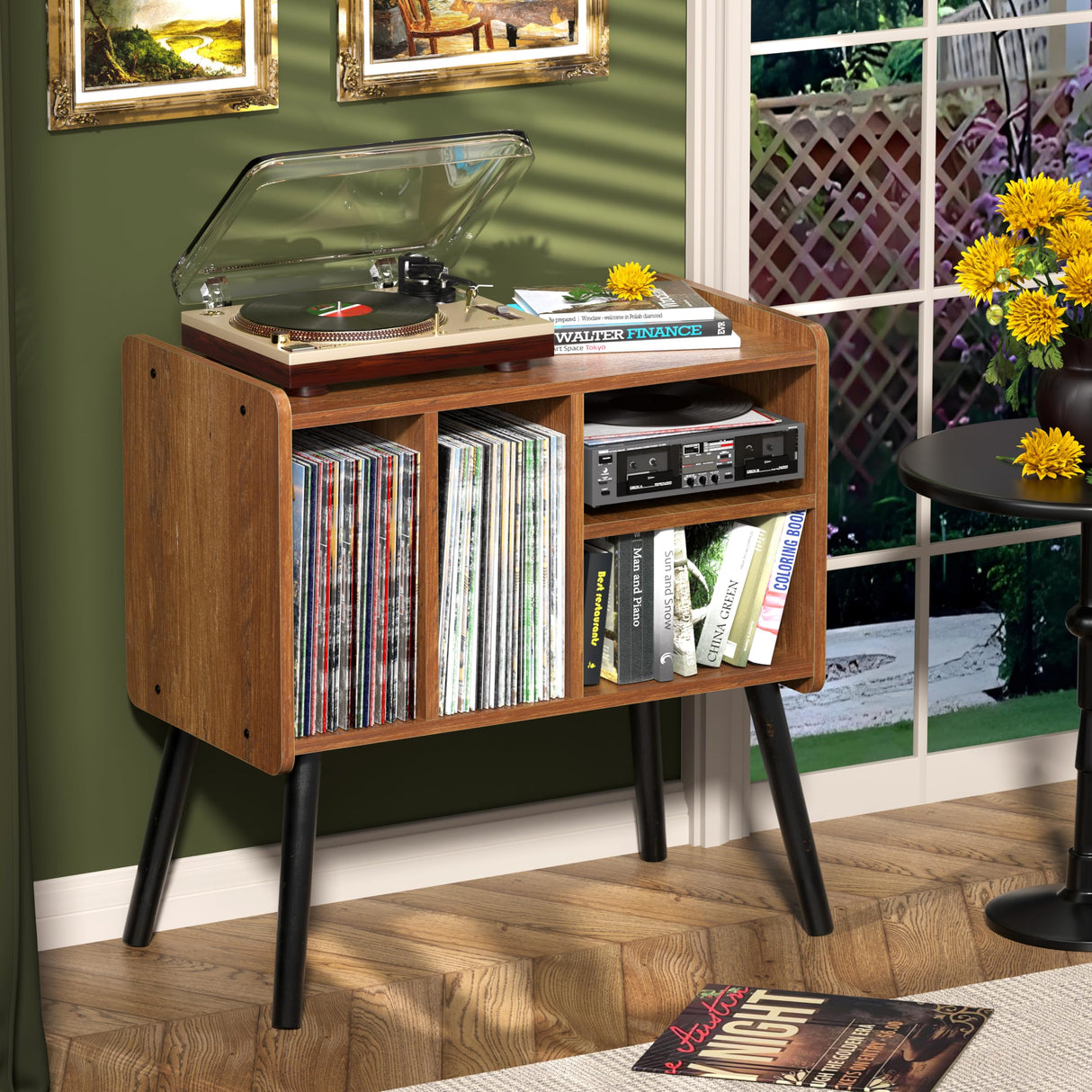 UODERS Record Player Table, Mid-Century Record Player Stand with Vinyl Storage Hold Up to 150+ Albums, Vinyl Record Cabinet with Adjustable Shelves, Wood Turntable Stand for Music Living Room (Oak) UODERS