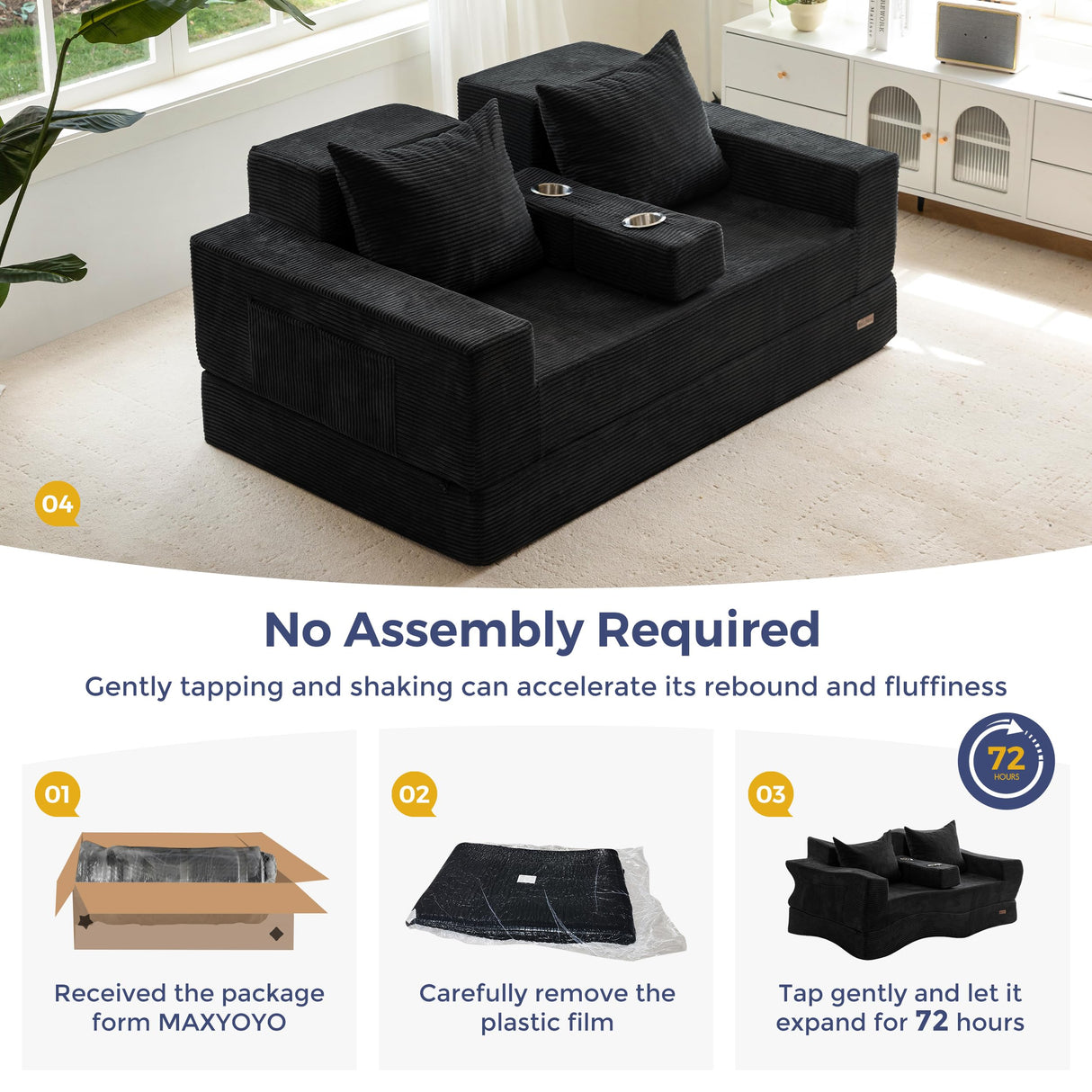 MAXYOYO Loveseat Sofa Bed, 4 in 1 Foldable Floor Sofa Couch in A Box with 2 Cup Holders, Convertible Boneless Couch Folding Recliner Sleeper Chair for Living Room, No Assembly Required, Black MAXYOYO