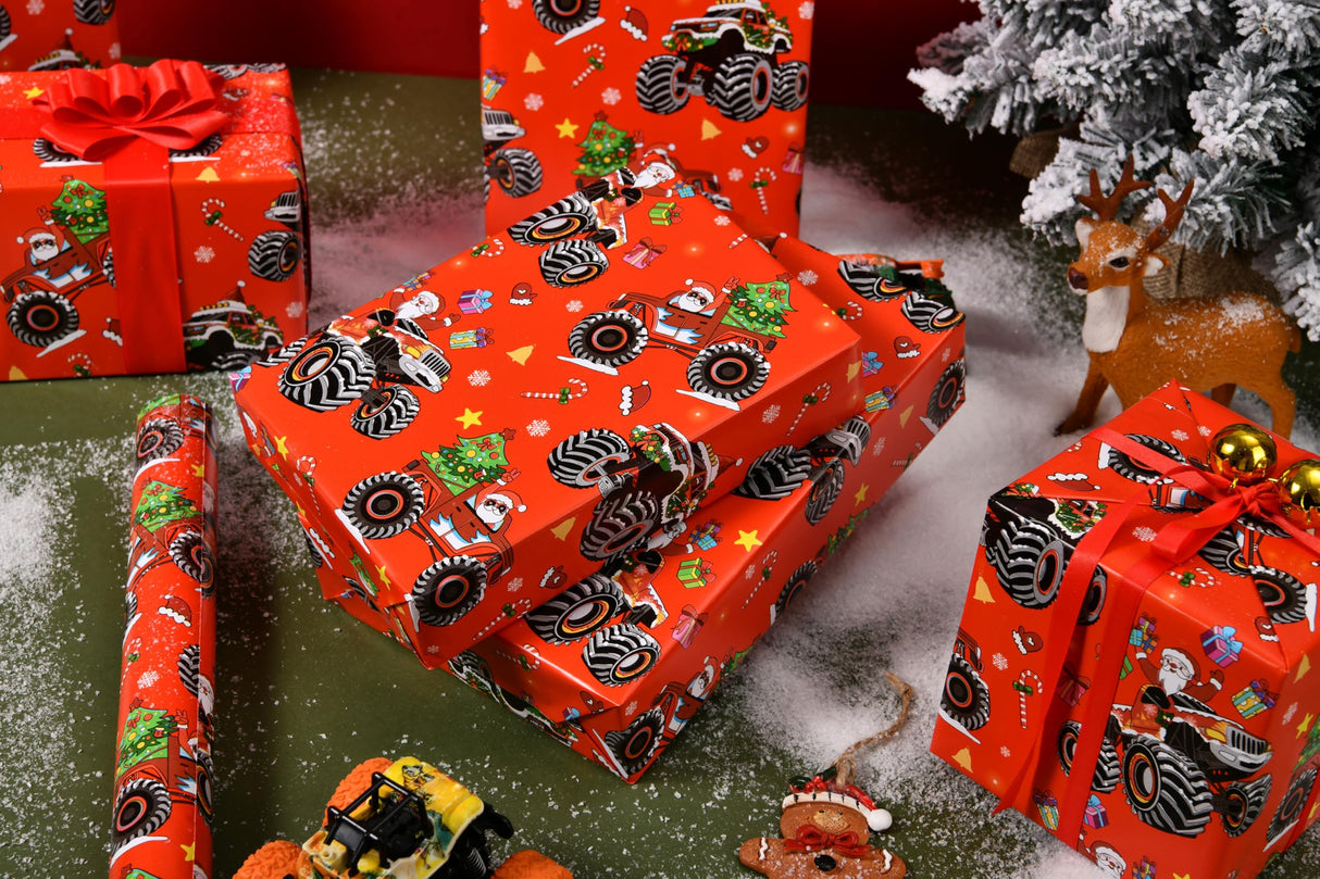 Titiweet Monster Truck Christmas Wrapping Paper - 17" x 16.4 ft - Monster Truck with Santa, Christmas Trees, Candy Canes Design for Kids Titiweet