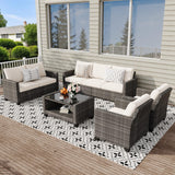 Garvee Patio Furniture Set 5 Pieces, 7-Seat PE Rattan Wicker Outdoor Sectional Patio Conversation Set with Waterproof Cusions and Coffee Table, Grey Rattan and Beige Cushion Garvee