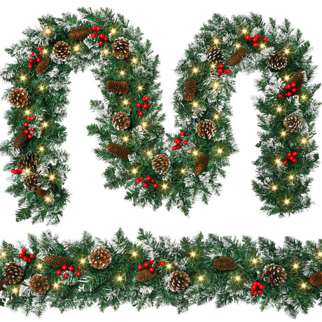 9 FT Christmas Garland with Lights,Battery Operated Lighted Garland with Pine Cones Red Berries Lush Branches,50 LED Lights 8 Modes,Christmas Decor Mantle Fireplace Indoor Outdoor Home Beinhome