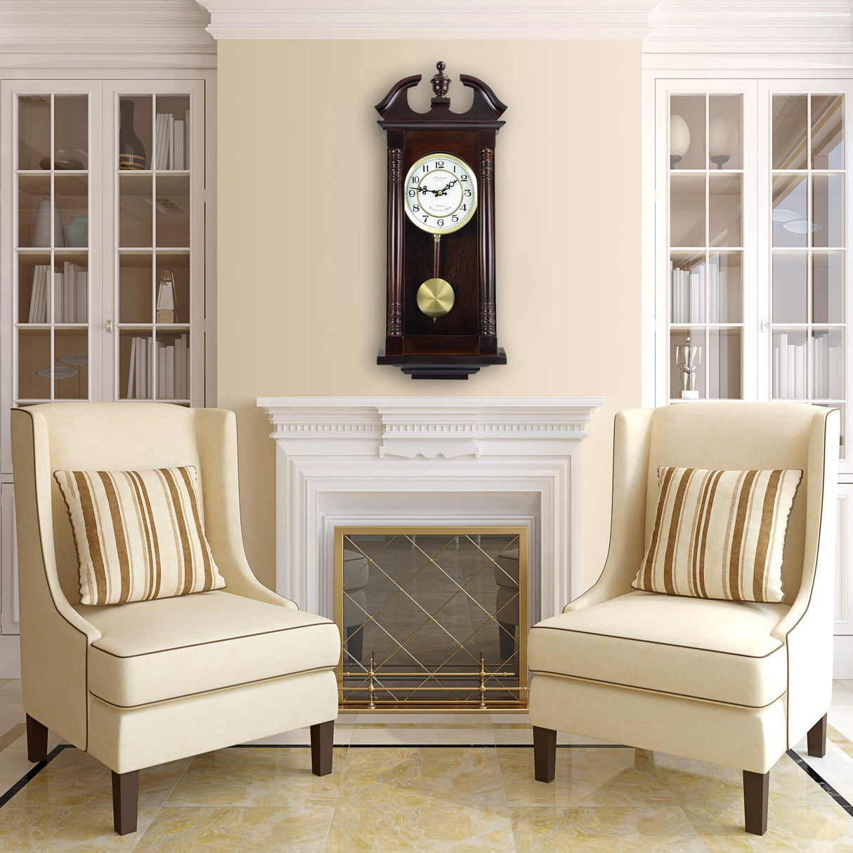Bedford Clock Collection Classic Chiming Wall Clock with Swinging Pendulum in Cherry Oak Finish, 4.75" L x 11.75" W x 27.50" H Bedford Clock Collection