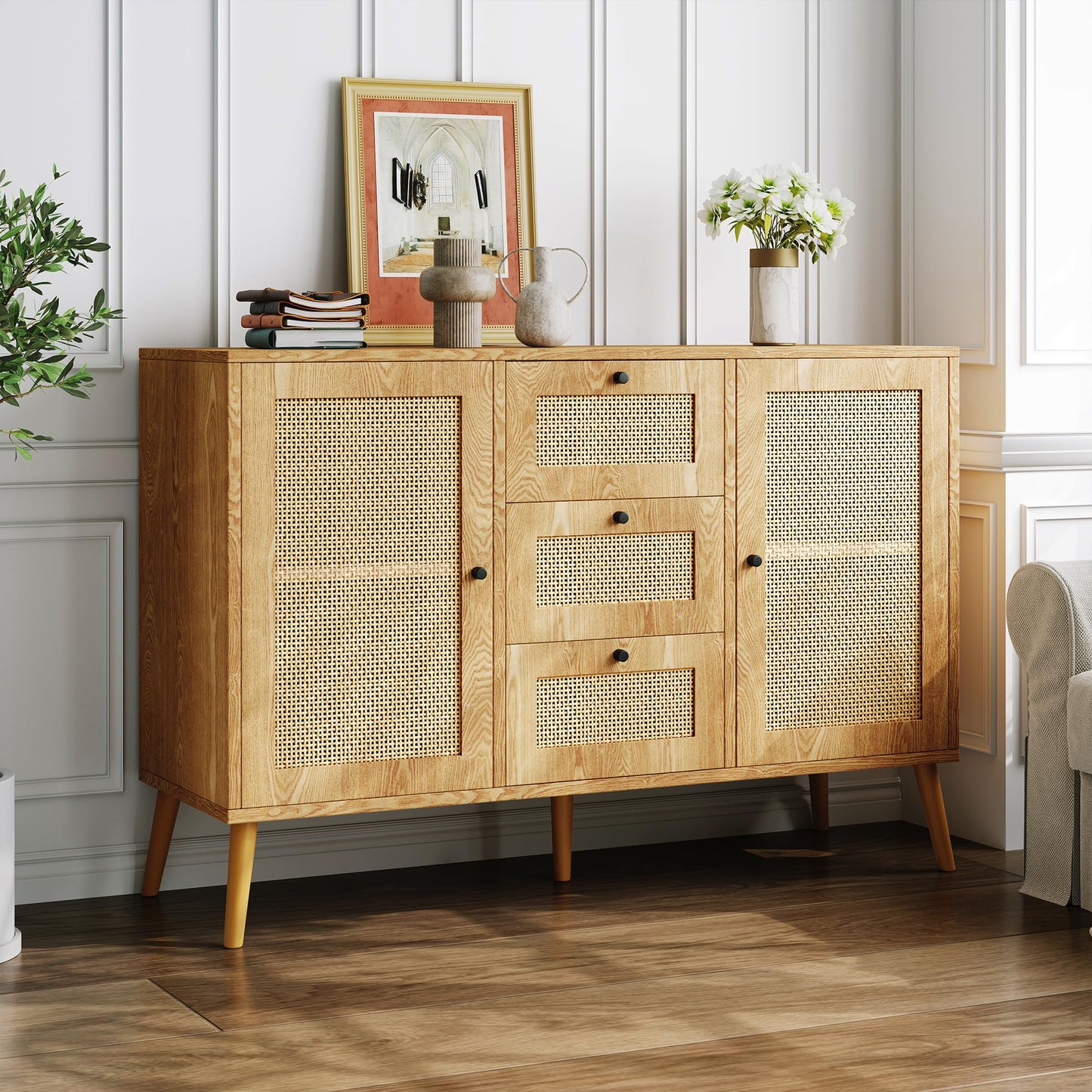 Rattan Cabinet, Boho Accent Cabinet, Buffet Cabinet with Storage, Sideboard Cabinet, Console Table 2 Door and 3 Drawer for Living Room, Dining Room, Entryway Home Decor Oak