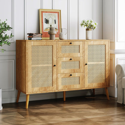 Rattan Cabinet, Boho Accent Cabinet, Buffet Cabinet with Storage, Sideboard Cabinet, Console Table 2 Door and 3 Drawer for Living Room, Dining Room, Entryway Home Decor Oak