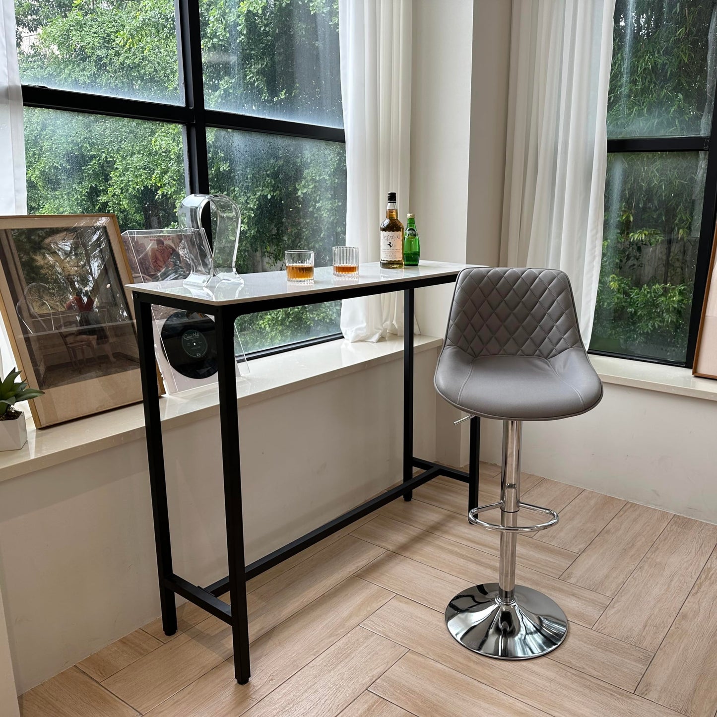 Wisfor High-Top Sintered Stone Bar Table with Black Metal Frame - Stylish White Rectangle Dining Table for Narrow Spaces - WoodArtSupply