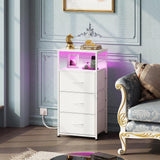 WLIVE White Night Stand with Charging Station, LED Nightstand with 3 Fabric Drawers, Tall Bedside Table with 3 USB Ports and 2 Outlets, Dresser for Small Space, 31.93" H Side Table for Bedroom WLIVE