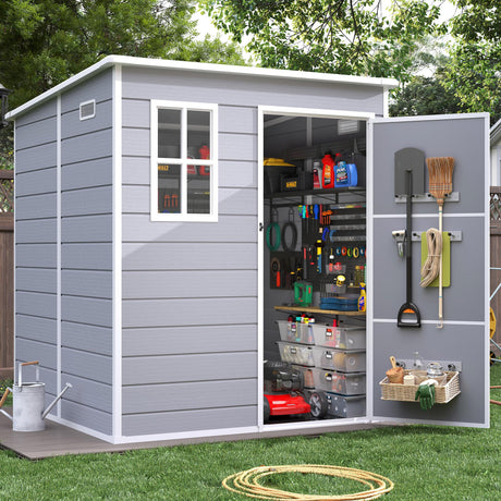 VONZOY 6x6FT Resin Outdoor Storage Shed, Plastic Garden Shed with Floor, Lockable Door & Window, Waterproof Tool Shed for Bike, Garbage Can, Lawn Mower, Patio Furniture Grey White VONZOY