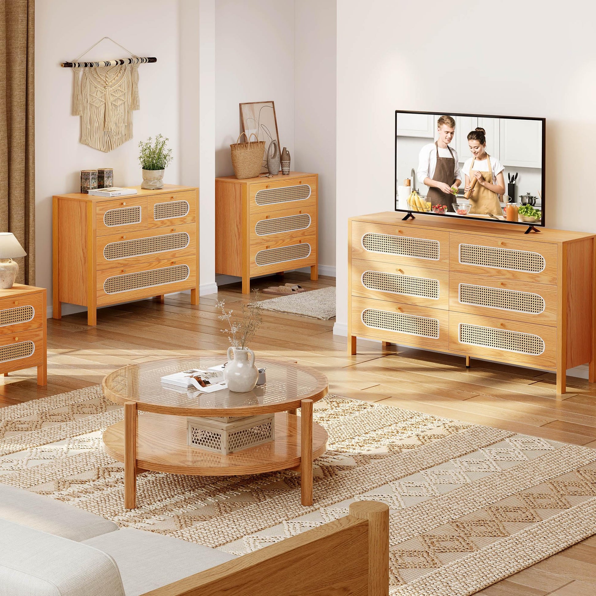 DWVO Natural Rattan 6 Drawer Dressers, Oak Wooden Dresser Chest of Drawers with Golden Handles, Modern Large Closet Boho Dressers Storage Cabinet for Living Room, Hallway, Entryway - WoodArtSupply