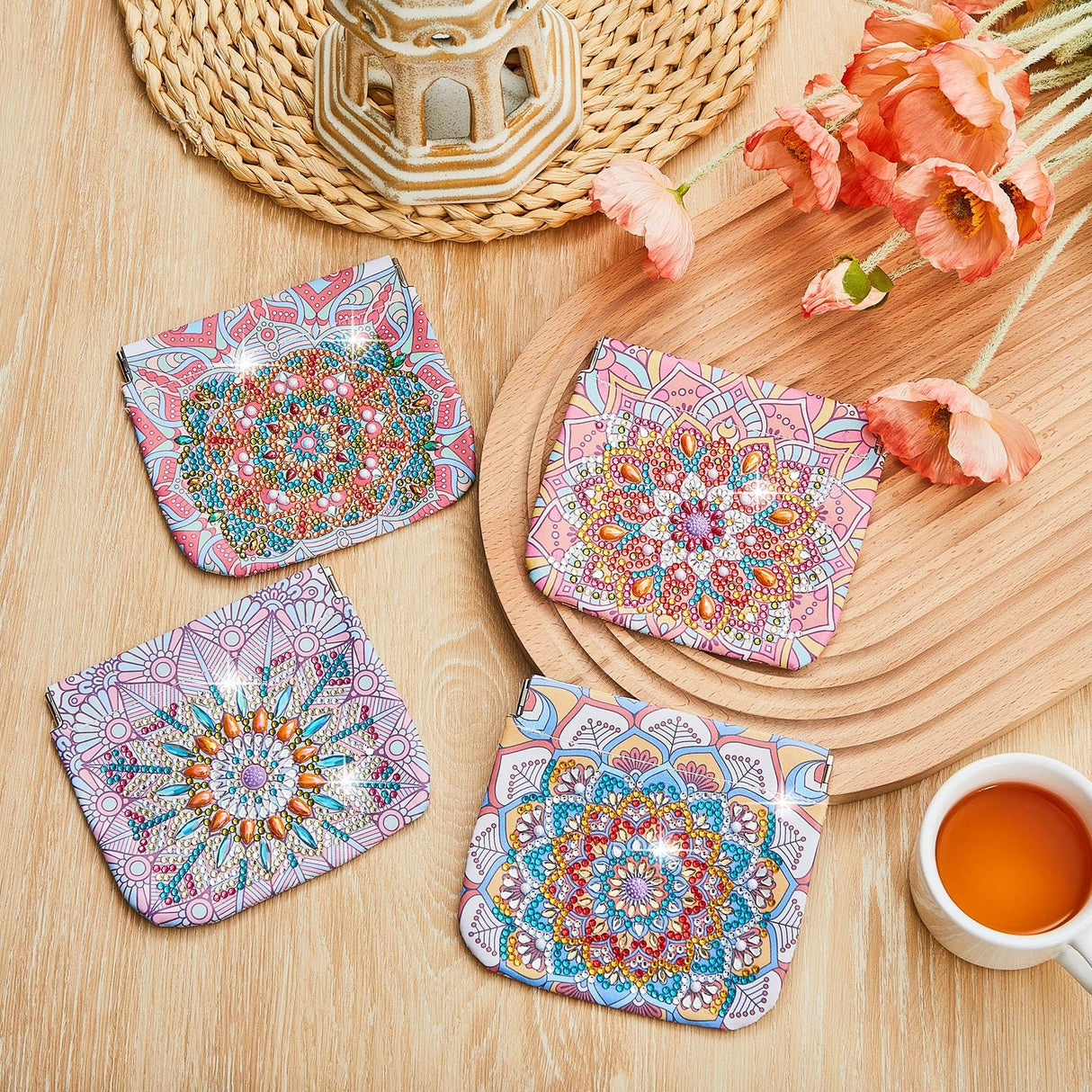 Sanwuta 8 Pcs Mandala DIY Diamond Painting Coin Purse Holder Makeup Bags Bulk Cosmetic Wallet Diamond Painting Kits Pocket Sanwuta