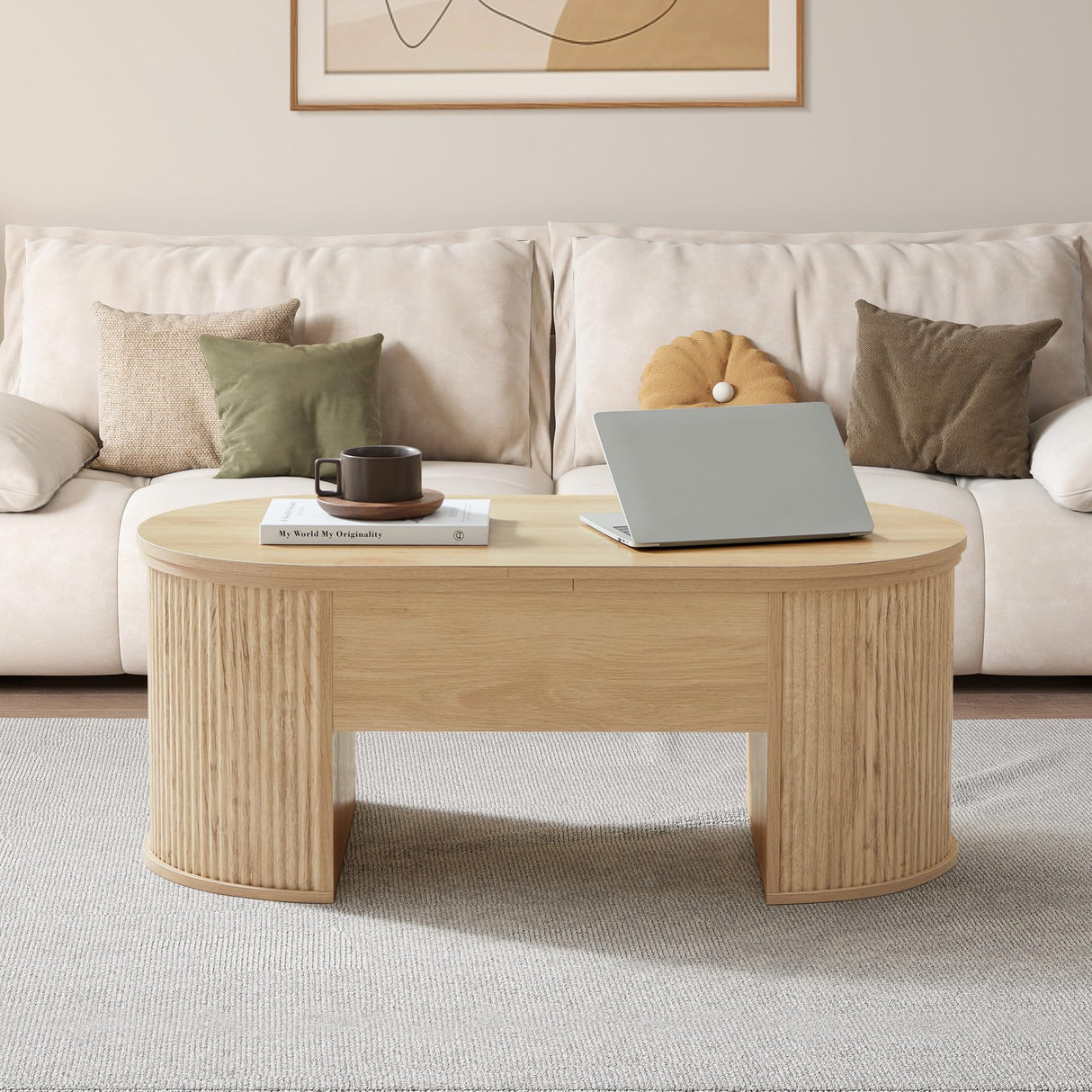 QHITTY Fluted Coffee Table with Lifting Top, Oval Wood Lift Top Coffee Table with Hidden Compartment, Mid Century Pull up Center Tables for Living Room, Office - Natural QHITTY