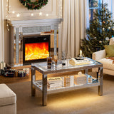 IKIFLY Mirrored 2 Tiers Coffee Table with LED, Rectangle Mirrored Coffee Table with Crushed Diamond and Stainless Steel Legs, Silver Living Room Table IKIFLY