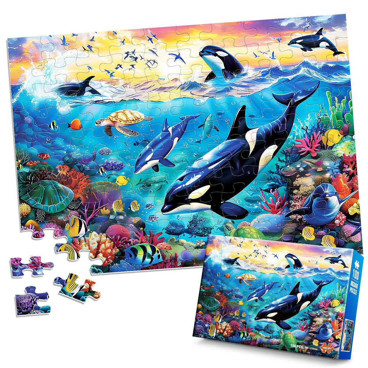 100 Piece Puzzles for Kids Ages 6-8 8-10 - Killer Whales Orca - 100 Piece Jigsaw Puzzle for Senior Ocean Jigsaw Puzzle for Toddler Children Learning Educational Puzzles Toys for Boys and Girls Jeacirio