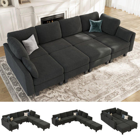 Dowiean Sectional Sleeper Sofa, 8 Seaters Modular Sleeper Sofa Couch, Comfy Sectionals Couches Bed, Convertible Sofas with Ottomans, Modular Sectional Couches for Living Room, Dark Grey Dowiean