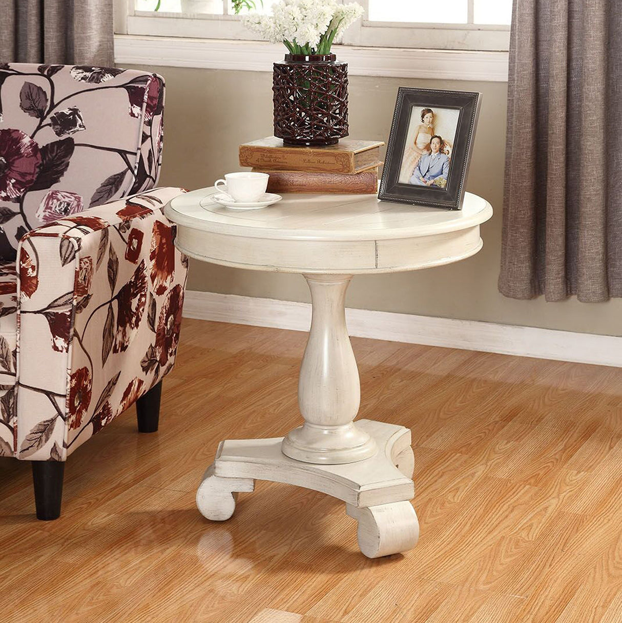Roundhill Furniture Rene Round Wood Pedestal Side Table, Single, Antique White Roundhill Furniture