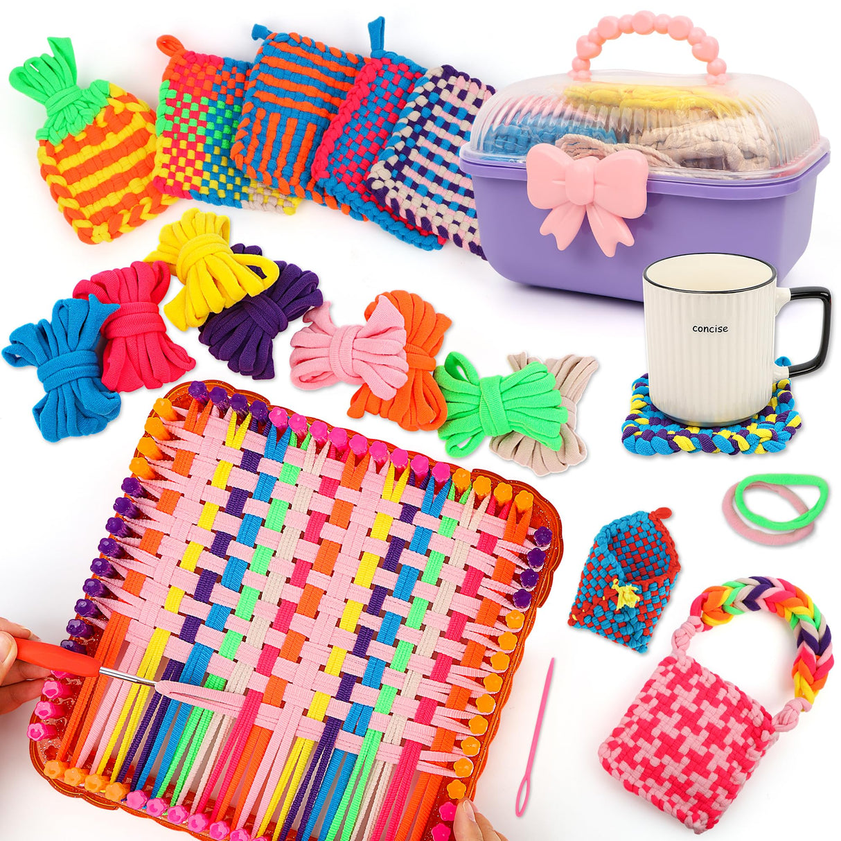 Weaving Loom Kit for Kids Ages 8-12, DIY Arts and Crafts Loom Knitting Projects Set, Ideas Birthday Gifts for Girls Toys, Crochet Kit for Beginners Potholder Tools Creative Supplies With Elastic Cord QXHOL