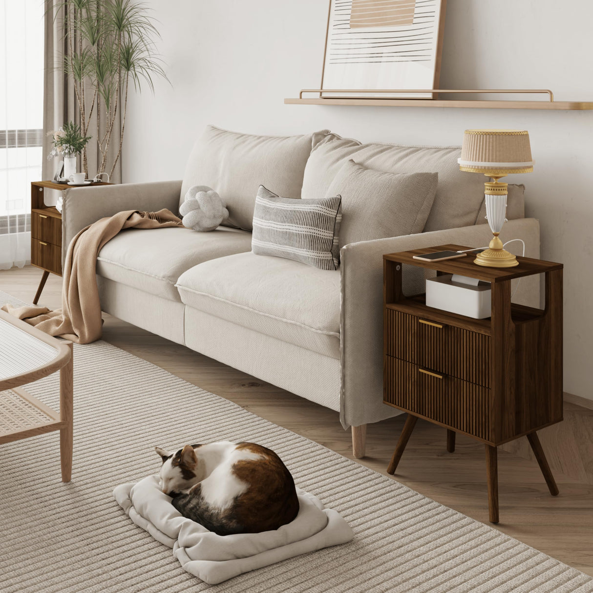 JOONEE Nightstand with Charging Station and LED Lights,Modern Bedside Table with 2 Storage Drawer and Open Wood Shelf, for Bedroom and Small Spaces,Night Stand with Solid Wood Legs,Walnut Brown JOONEE