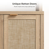 SICOTAS Tall Farmhouse Kitchen Pantry Storage Cabinet, Wooden Pantry Cabinet with Steel Mirror, Power Outlet and Rattan Door, Boho Large Freestanding Cupboard for Kitchen, Dining Room, Light Oak SICOTAS