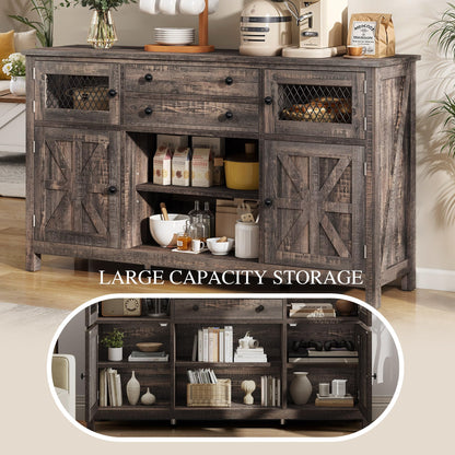 YITAHOME 59" Sideboard, Farmhouse Buffet with Storage, Kitchen Cabinet with 2 Large Drawers & Visual Grid Door, Coffee Bar Cabinet with Barn Door for Living Room, Dark Rustic Oak