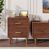 Whalefall Night Stands with Charging Station Set of 2, Mid Century Modern Nightstand, Fluted Bedside Table with Drawer, End Table Bed Side Tables for Bedroom, Accent Tables with Wood Legs, Brown 2pcs Whalefall