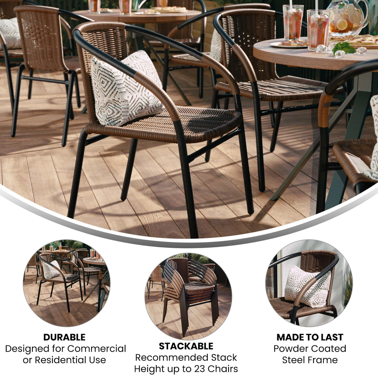 EMMA + OLIVER Set of 4 Modern Rattan Indoor/Outdoor Stack Chairs, Stacking Rattan Patio Chairs with Curved Back and Cross Bracing, Brown EMMA + OLIVER