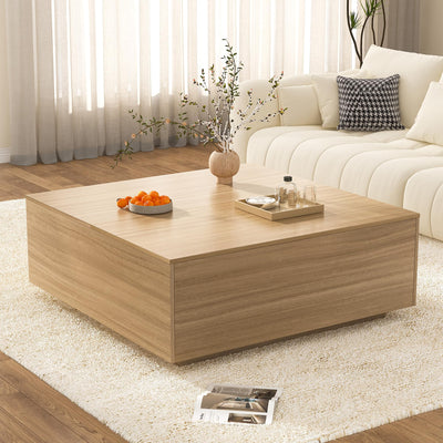 43 Inch Large Square Coffee Table with Storage,Modern Wooden Coffee Table with 2 Drawers Storage for Living Room,Mid Century Tea Table/Aesthetic Coffee Tables Center Table for Home Office(Oak)