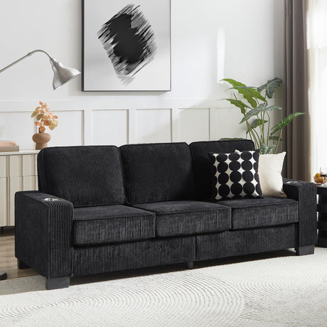 83.86" Couch Sofa with Extra Deep Seat, Modern Corduroy Fabric Sofa Cloud Couch with 2 Cup Holders, Comfy Upholstered 3 Seater Sofa Bed Couches for Living Room, Apartment, Office, Black SLEERWAY