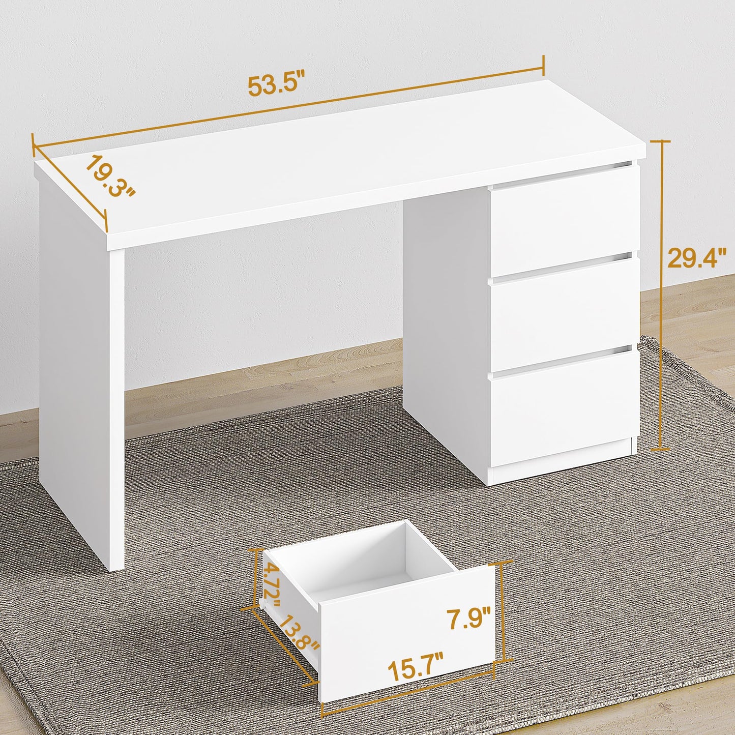 furtble White Desk with Drawers, 53'' W Home Office Computer Desk Gaming Table, Modern Vanity Desk with storage, Wood Writing Workstation for Bedroom, Living Room