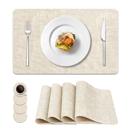 Vinyl Placemats Set of 4, Faux Leather Waterproof and Heat Resistant Place Mats, Washable Anti-Slip Table Mats with Coaster, Wipeable Placemats for Indoor & Outdoor 17" x 12" (Beige, Set of 4) NCUE