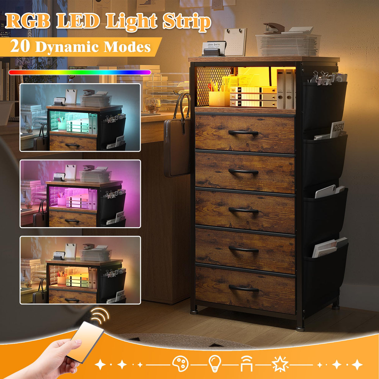 EnHomee Night Stand Set 2 with Charging Station, Tall Nightstand with 5 Drawers, LED Nightstands with USB Ports & Outlets, Night Stands with Extra Side Bag & Hooks, Side Table, Dresser, Bedroom, Brown EnHomee