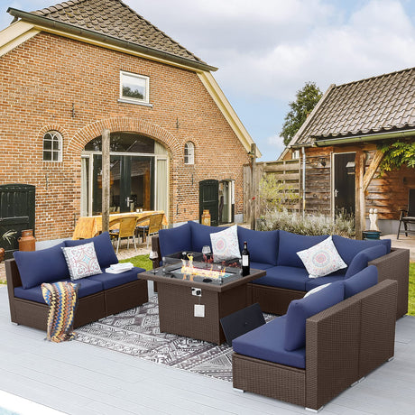 BULEXYARD 9 Piece High Back Outdoor Sectional Couch Set with Fire Pit, Luxury Weather-Resistant Patio Furniture Set, Large Size 8-Person Backyard Seating Group L-Shape for Exterior, Brown & Navy Blue BULEXYARD