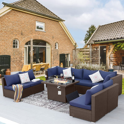 BULEXYARD 9 Piece High Back Outdoor Sectional Couch Set with Fire Pit, Luxury Weather-Resistant Patio Furniture Set, Large Size 8-Person Backyard Seating Group L-Shape for Exterior, Brown & Navy Blue