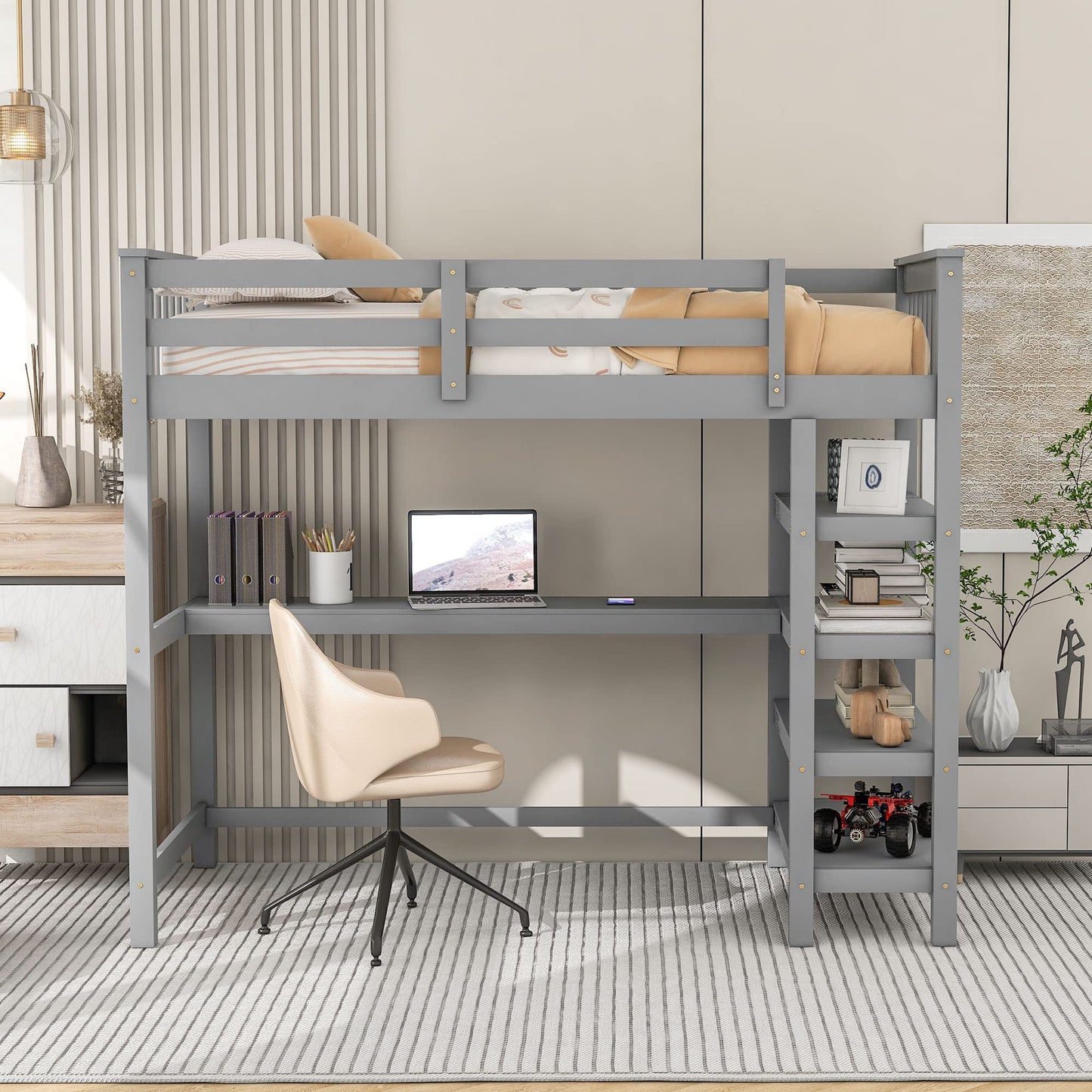 Merax Wood Loft Bed with Desk : Full Size Loft Bed with 4-Storage Shelves and Under Bed Desk Solid Wood Bed, Grey