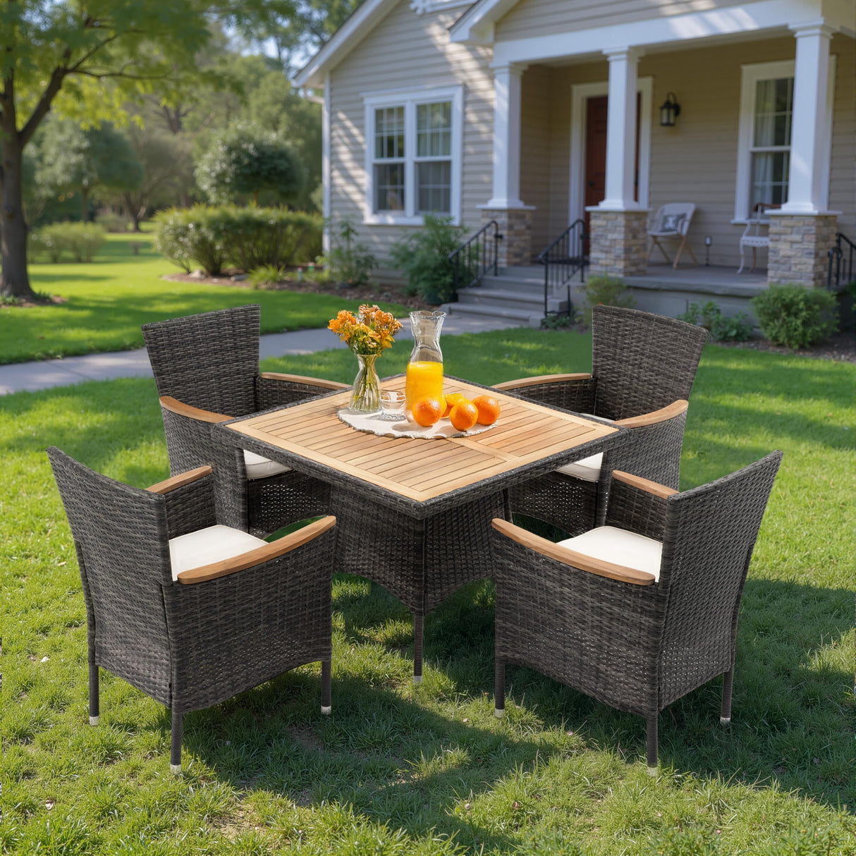 Wisteria Lane 5-Pieces Patio Dining Sets, Rattan Outdoor Table and Chairs with Acacia Wood Tabletop, Metal Patio Dining Furniture for 4 with Removable Cushions for Deck Garden Backyard, Grey Wisteria Lane