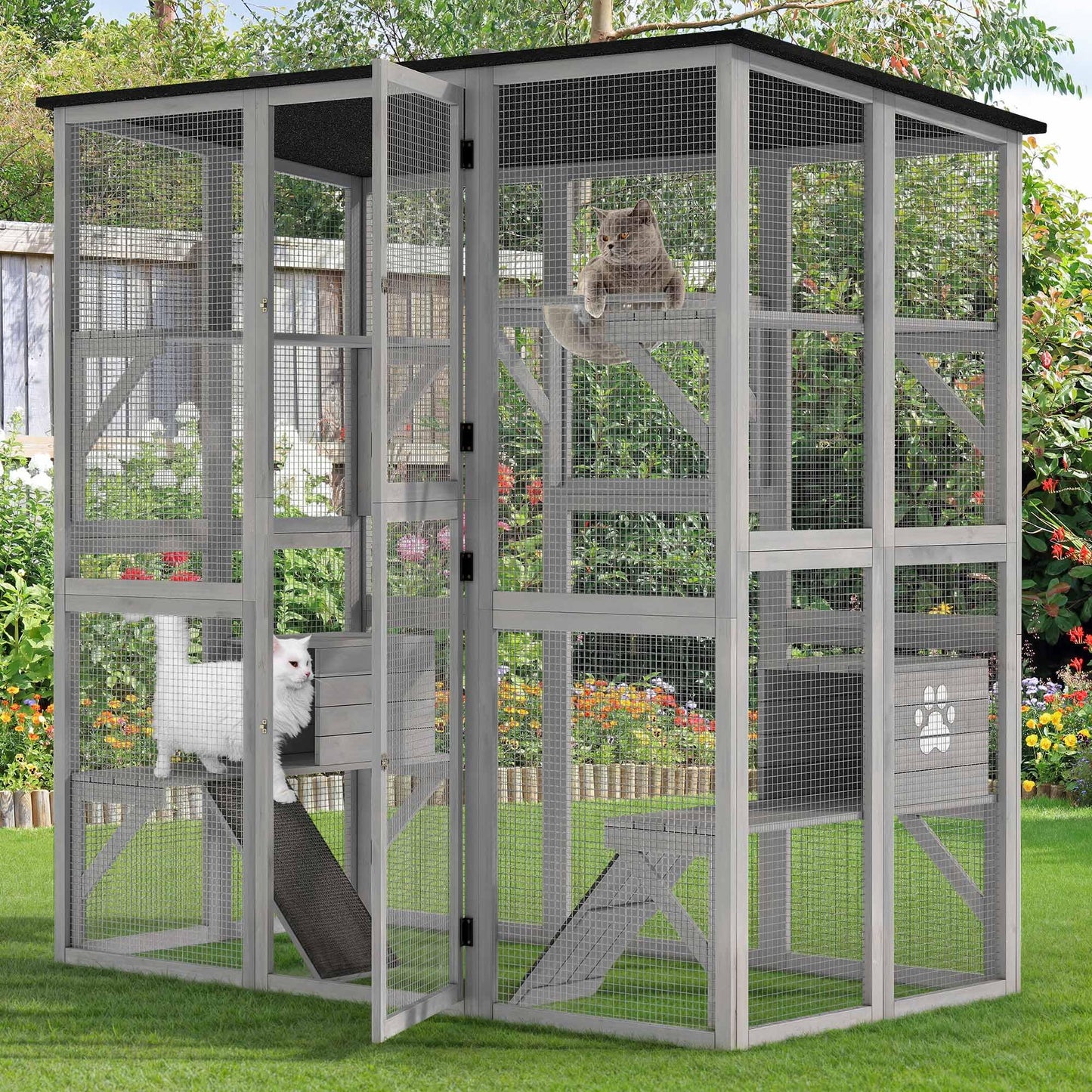 YITAHOME Catio Outdoor Cat Enclosure Large, Tall Wooden Cat House with Weatherproof Asphalt Roof, Cat Cage Playpen with Multiple Platforms & 2 Resting Boxes, 70.9" L x 38.2" W x 70.9" H