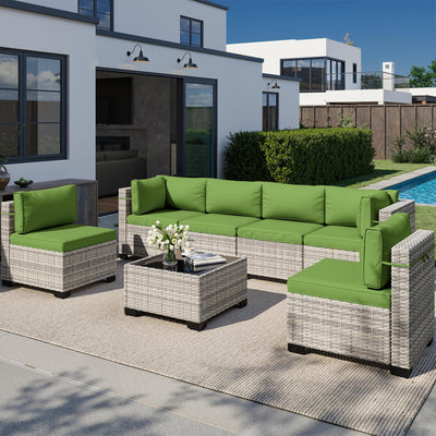 Muphyers 7-Piece Outdoor Patio Furniture Set, PE Wicker Rattan Sectional Sofa Conversation Set with Tempered Glass Table & Thick Cushions - All-Weather Garden, Backyard Furniture, Avocado Green