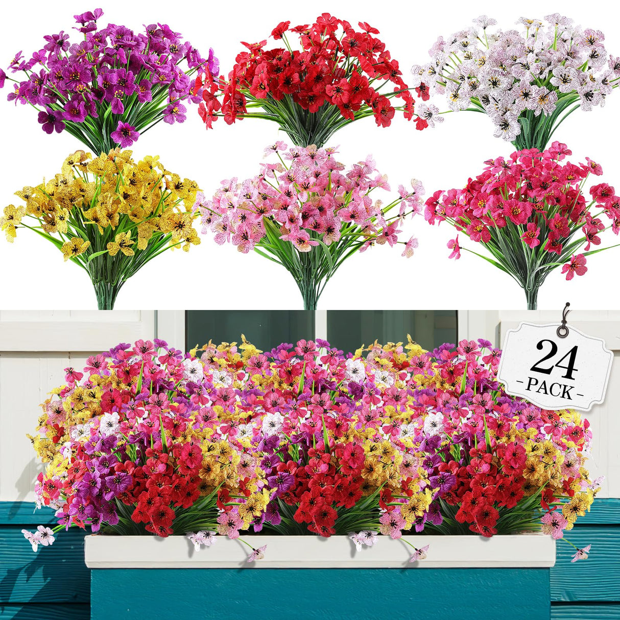 AGIRL 24 Bundles Artificial Flowers for Outdoor,No Fade Fake Plastic Flowers Faux Plants for Decoration Hanging Planters Indoor Outside Garden Porch Window Box Home Wedding Farmhouse AGIRL