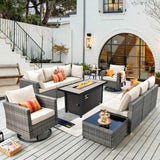 CAODOC 11 Piece Outdoor Patio Furniture Set with 53" Fire Pit Table, Wicker Sectional Conversation Set Whit Swivel Chairs,Modern Outside Sofa for Balcony Backyard(Beige) CAODOC