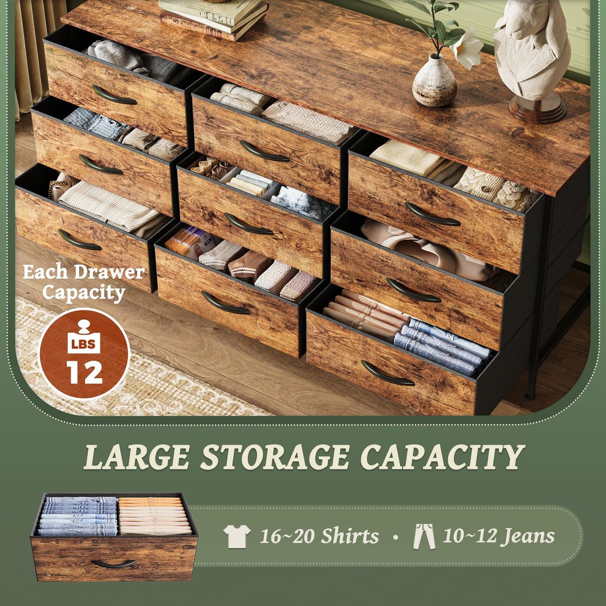 Huuger 9 Drawer Dresser, 47 Inch Dresser TV Stand for 50, 55 Inch TV, Entertainment Center with Drawers, Fabric Dresser Chest of Drawer for Bedroom, Closet, Rustic Brown Huuger