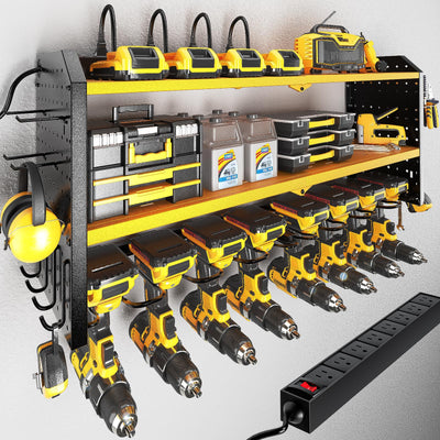 KAFAHOM Power Tool Organizer with Charging Station, Built in 8 Outlet Power Strip,Large 8 Drill Holder Wall Mount, Heavy Duty Metal Power Tool Storage Rack Tool Shelf for Garage Organization Black